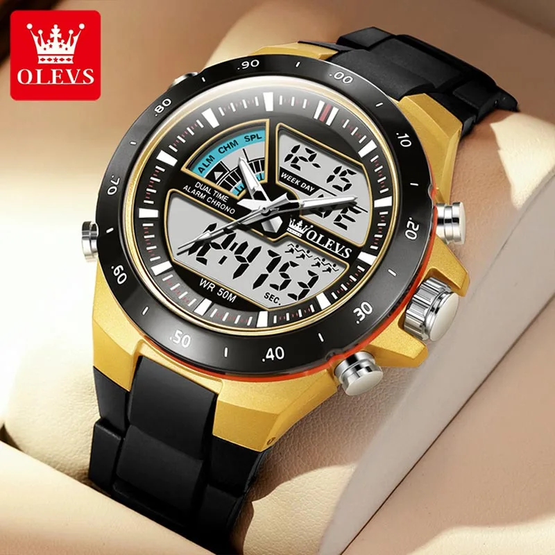 OLEVS Fashion Men Sports Electronic Watch 2023 New Dual Display LED Waterproof G Luminous Vibration Clock Mens Watches 1110