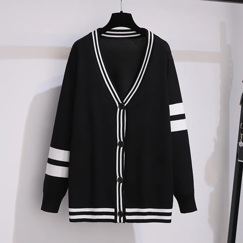 160Kg Plus Size Women's Bust 160cm Loose Cardigan Knitted Sweater 6XL 7XL Spring Autumn V-neck Striped Sweater