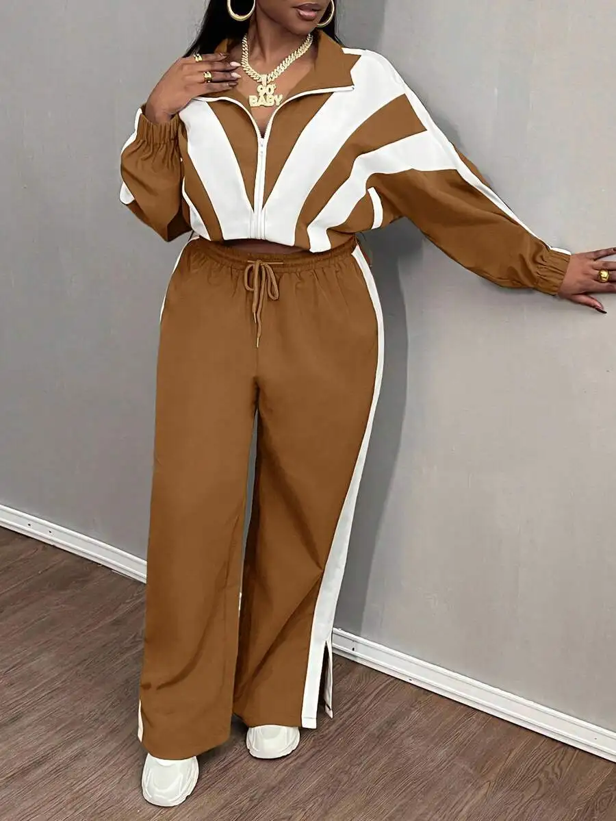 

Plus Size Women Striped Batwing Sleeve Jacket And Pants Casual Two Piece Set
