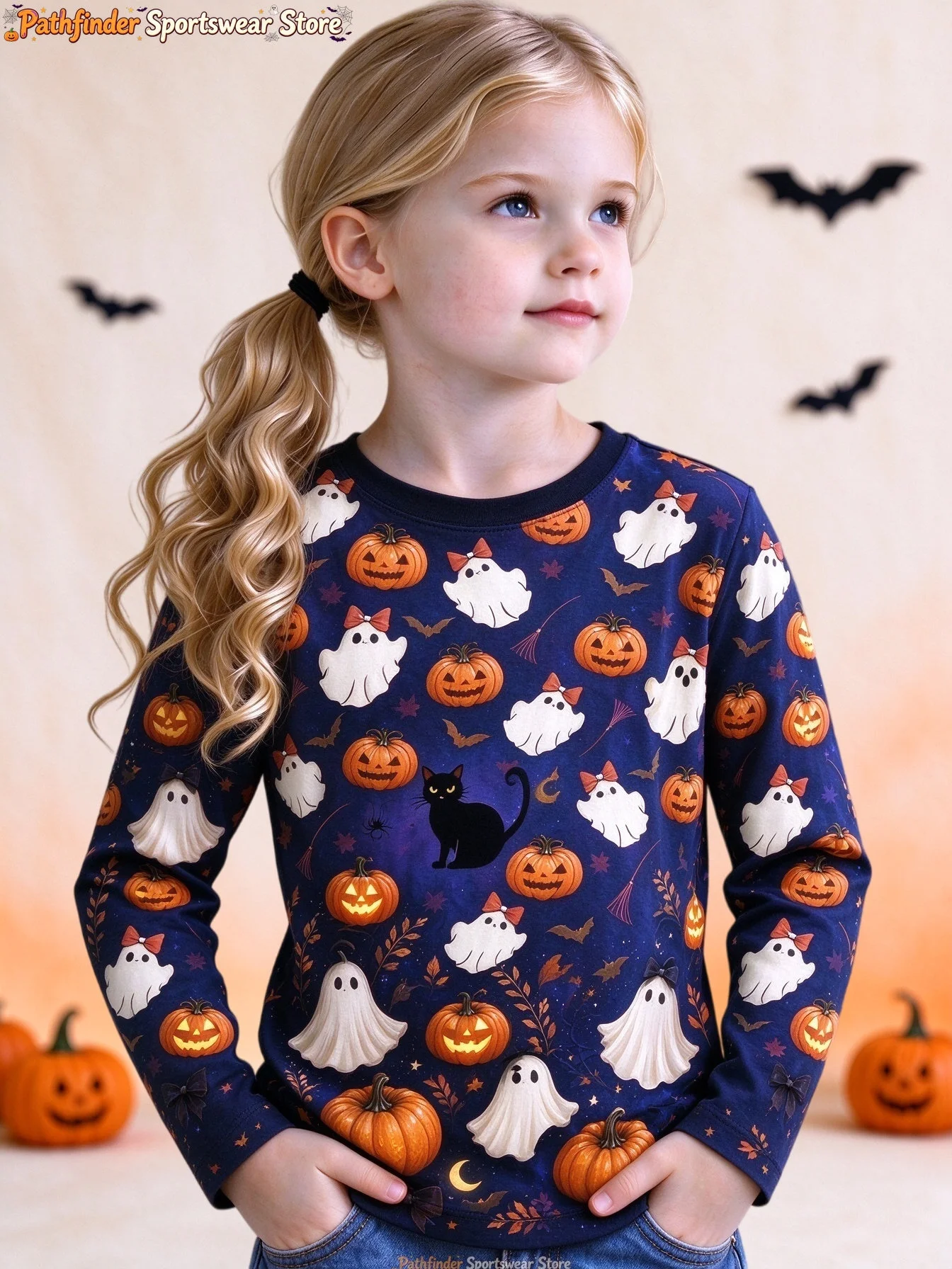 Girls Halloween Long Sleeve Tee Cute Pink Witch Ghost Pumpkin Skull Graphic Crew Neck Sport Top Kids Party Autumn Casual T-Shirt view 6