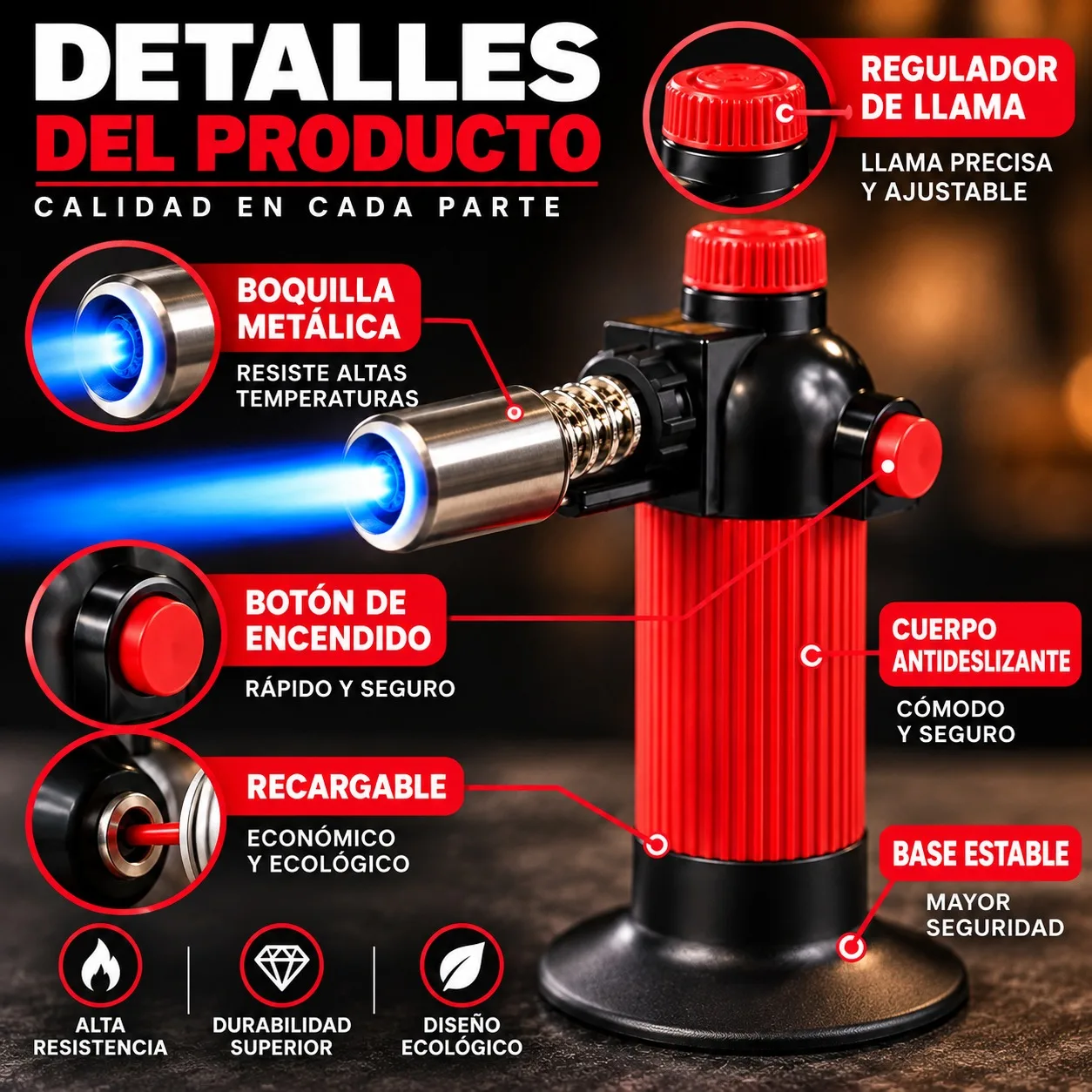 Soplete de Cocina Profesional Antorcha de Gas Recargable para Repostería y Barbacoa con Boquilla Metálica de Alta Resistencia Regulador de Llama Ajustable y Base Antideslizante Color Rojo