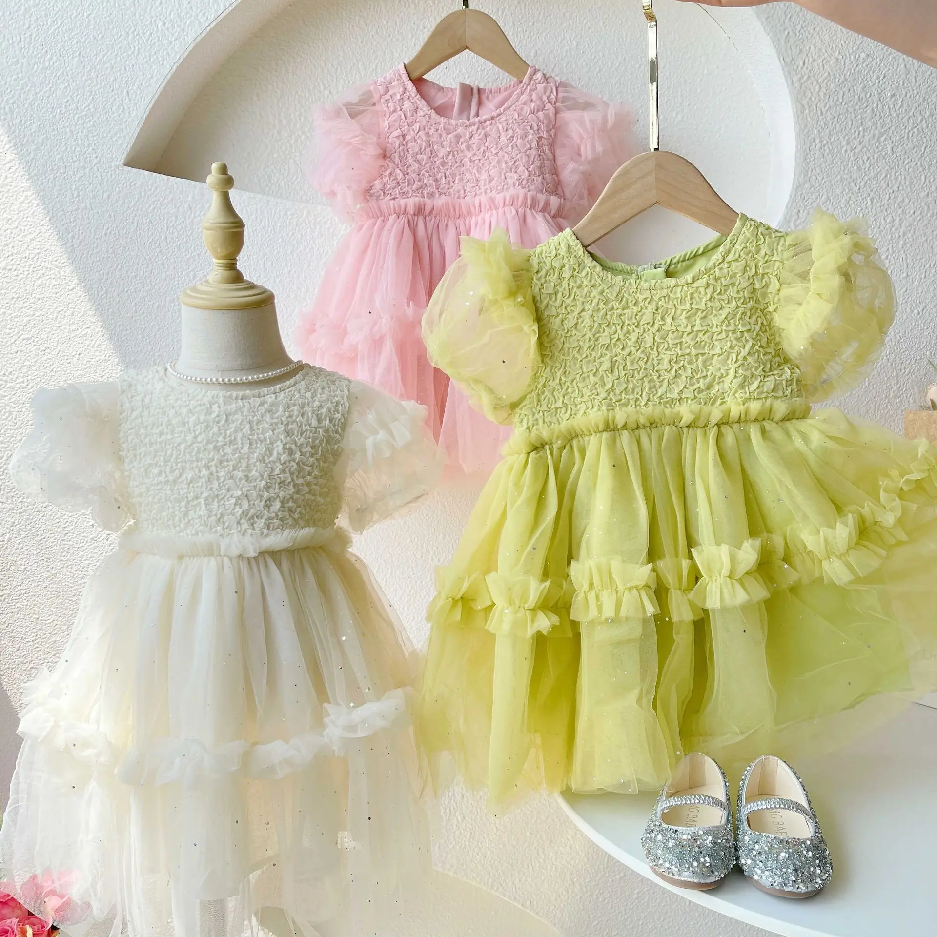 فساتين للفتيات الصغيرات صيفية بأكمام فقاعية شبكية فساتين أميرات للفتيات فساتين حفلات أعياد الميلاد اللطيفة