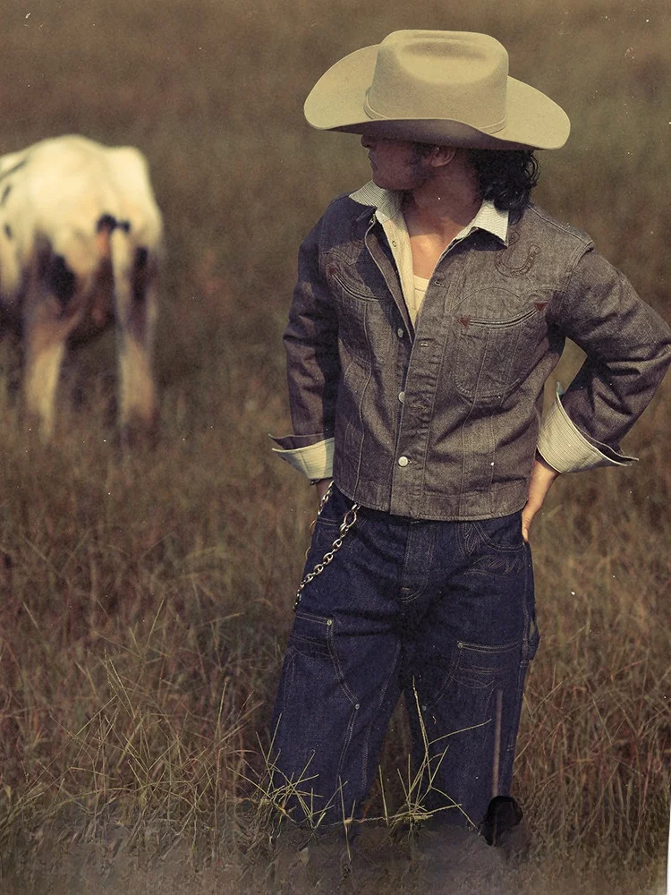 

Sulfur Dye Khaki een Denim Red Ear Knight Jaet ort Wide Western Tailoring Snake Den Series Молодежная верхняя одежда из смеси хлопка