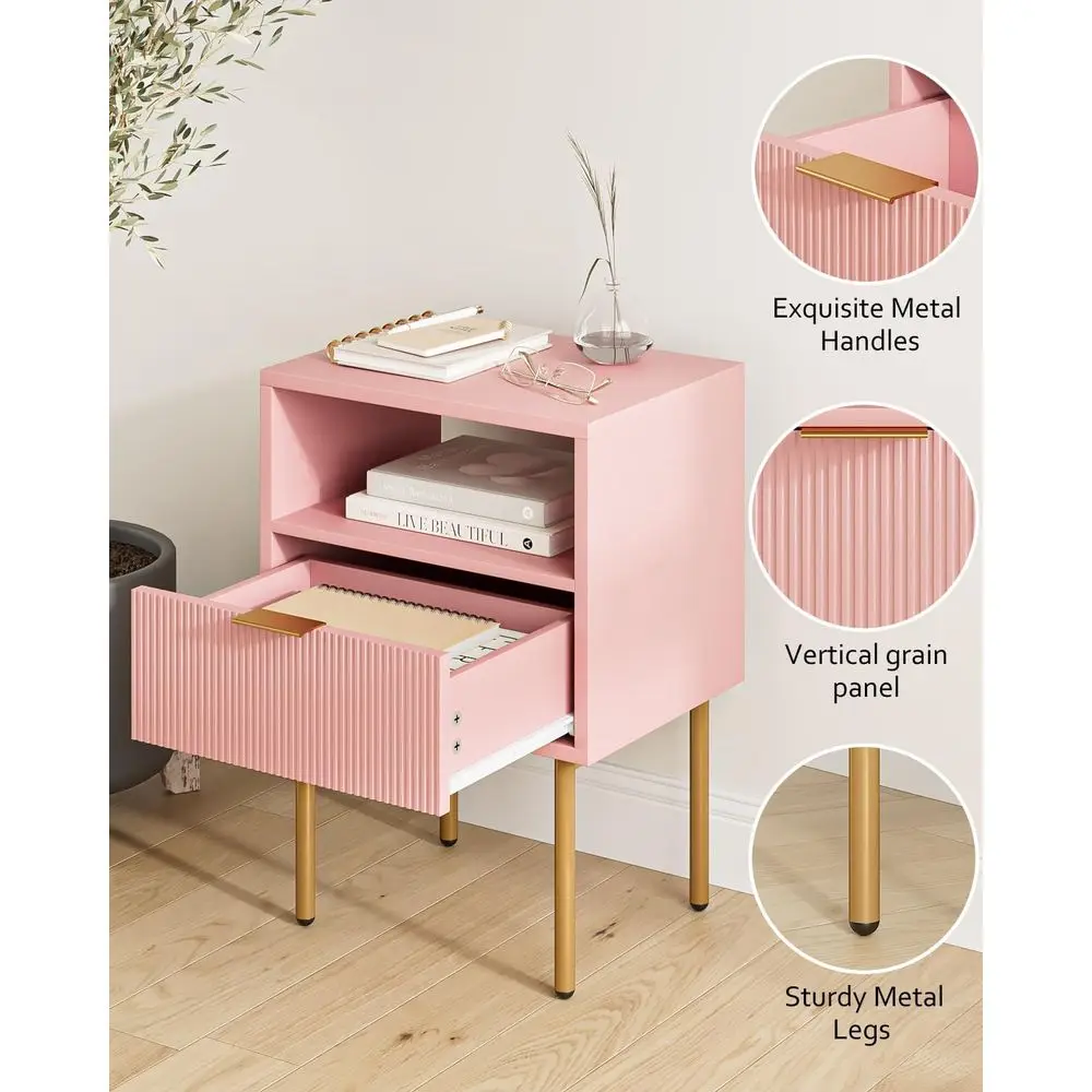 Mesa de cabeceira rosa de inspiração vintage com gaveta e prateleira para quarto e sala de estar