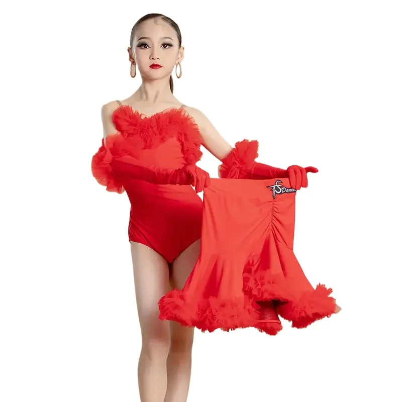 

TS580 Kids Chacha Samba Rumba Latin Dancing Competition Dress Girls Red Latin Dance Dress Child Stage Performance Costumes