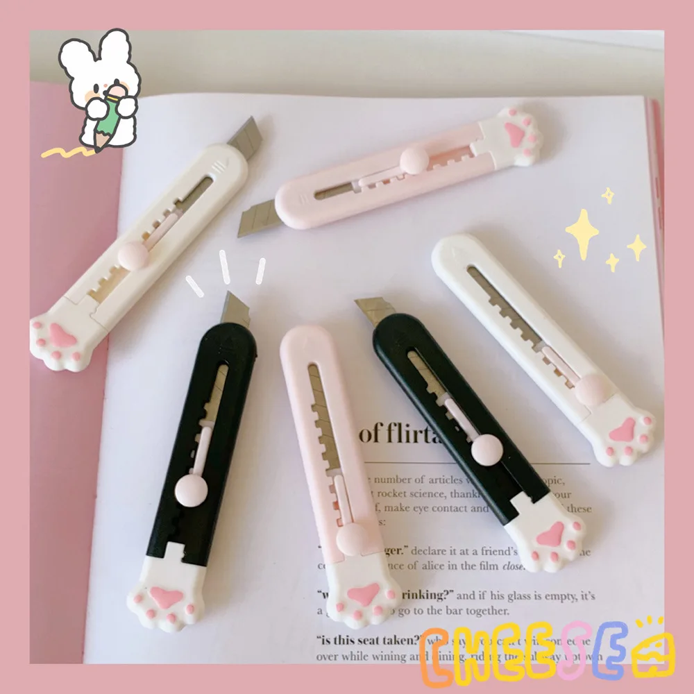 1-12 PC Kawaii Mini Pocket Cat Paw Art Utility Knife Express Box Knife Paper Cutter Craft Wrapping Refillable Blade Stationery