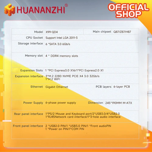 Imagen 2 del producto HUANANZHI X99 QD4 LGA 2011-3 XEON X99 placa base Intel E5 2640 2666 2670 2696 V3 V4 compatible con memoria DDR4 RECC NON-ECC NVME SATA