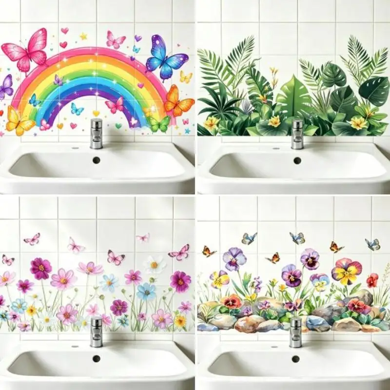 Fresh Floral Pattern Sink Area Background Wall Sticker Bathroom Wall Decoration Self-Adhesive Removable Waterproof Sticker