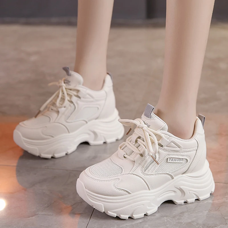 Rimocy Women's Chunky Platform Sneakers 2024 Autumn Breathable Mesh Thick Sole Sports Shoes Woman Lace-Up Non-Slip Casual Shoes