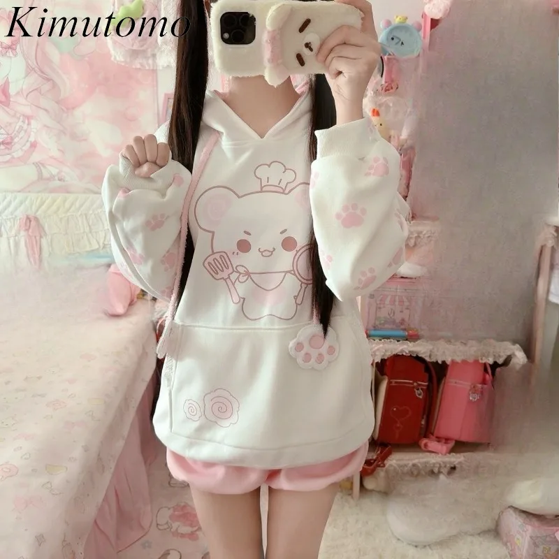 

KimutomoSweet толстовки женские с мультяшным принтом медведя осень-зима свободные забавные Y2k Harajuku толстовки женские повседневные с карманами