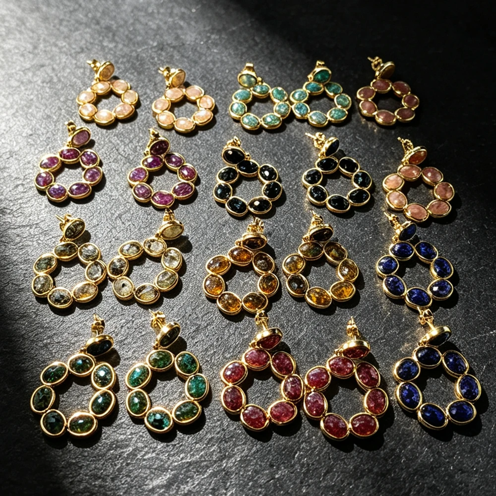 Retro Inspired Gold Plated Lightweight Hollow Round Bezel Drop Earrings Natural Semi Precious Stone Bulk for Daily Outfit E2R302