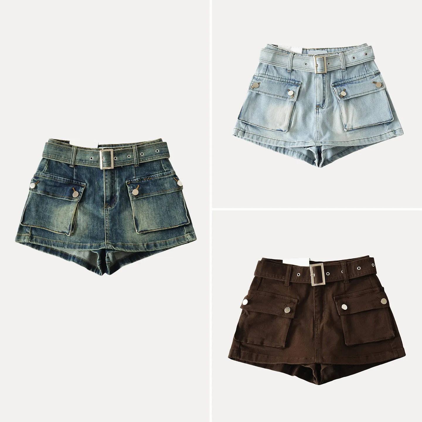 

Women's Retro American Style Denim Skirt Pants Elastic Waist Belt Large Pocket Summer Fashionable Short Pants ZDATA Brand