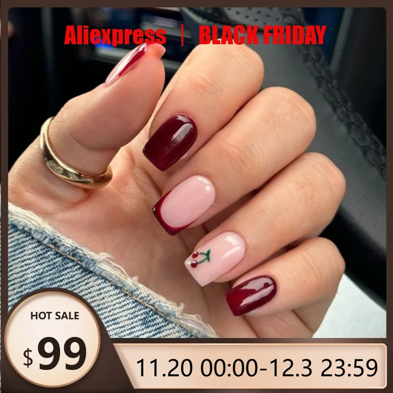 

24 шт., накладные ногти, французские винно-красные простые короткие квадратные ногти, вишневые накладные наклейки для ногтей с полным покрытием, подходят для девочек