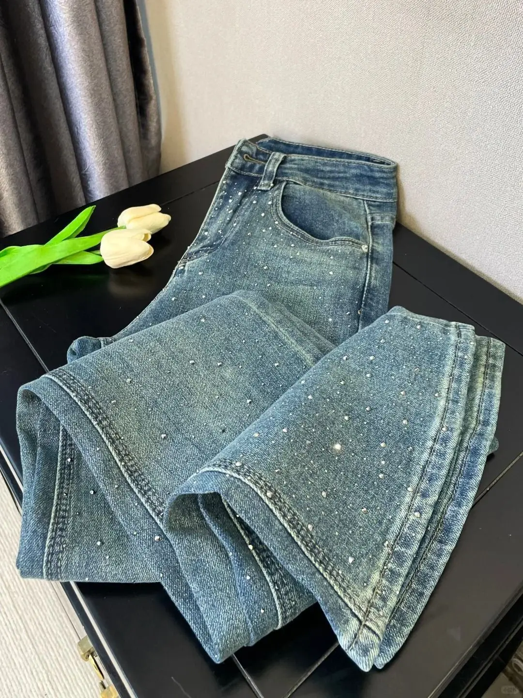 

Retro Washed Diamond-encrusted Jeans Women's Spring Design Sense High-waisted Straight-leg Pants Loose Wide-leg Mopping Pants