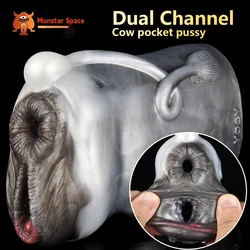 2-in-1 Men's Fantasy Cow Masturbator with Realistic 3D Threaded Vagina and Tightening Anus, Portable Penis Training Male Sex Toy