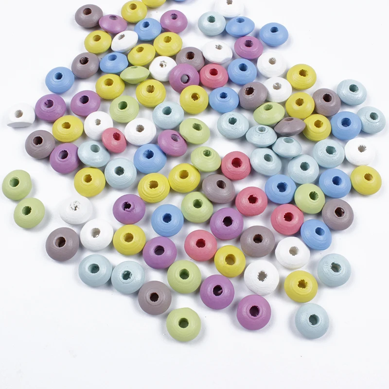 100Pcs 12Mm Cartoon Solid Candy Color Flat Round Ufo Shaped Natural Wooden Spacer Loose Beads for Jewelry Making Findings