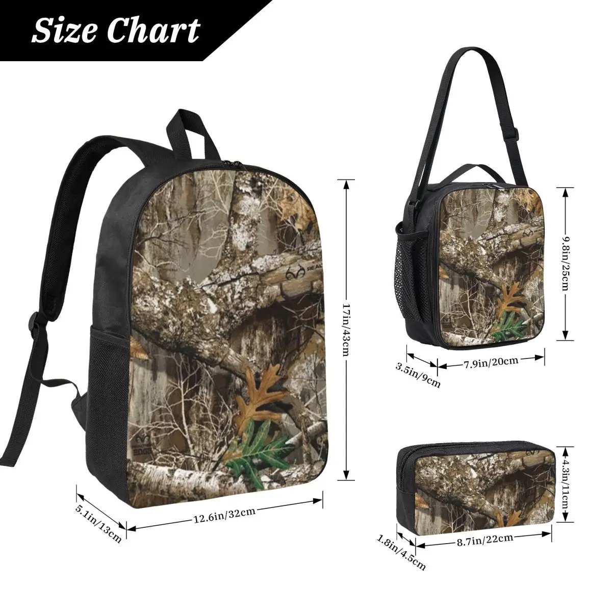 Real Tree Backpack Student Boys Girls BookBag School Bag Computer Shoulder Bags 3ps Insulated Lunch Bag Pencil Case