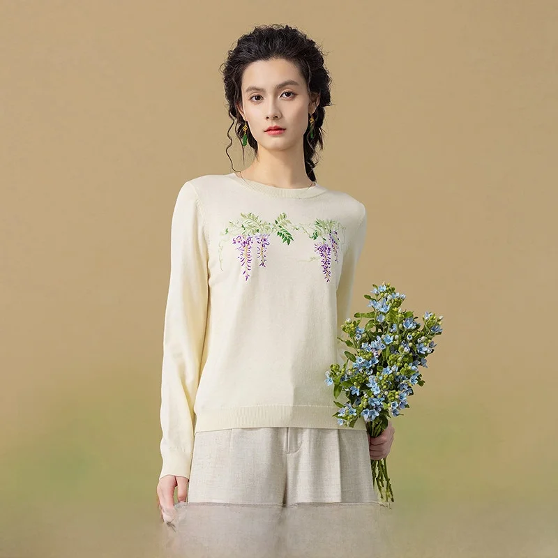 

Comfortable Embroidered Knit Top Women's Fashion Autumn Winter New Arrival Warm Fitted Casual Style round Neck Long Sleeve
