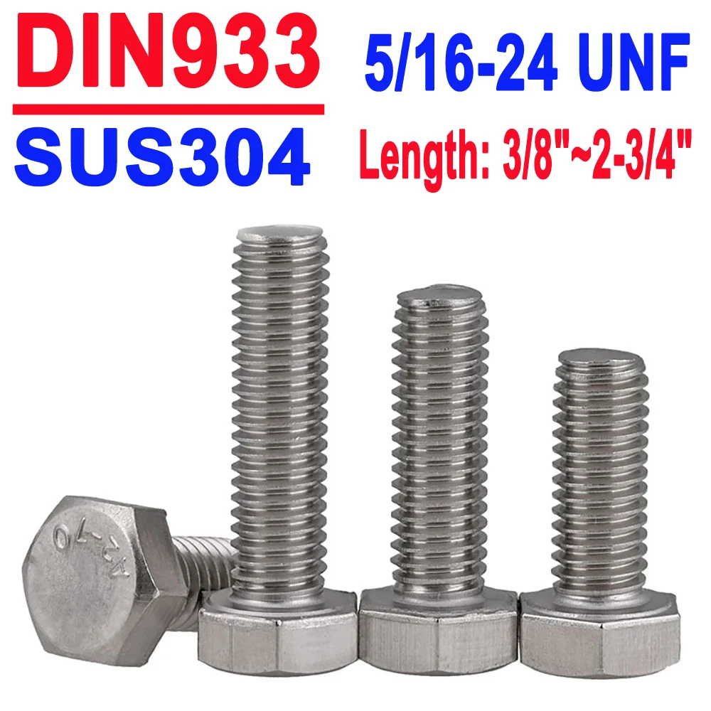 

5/16-24 UNF DIN933 Hexagon Head Screw SUS304 Stainless Steel External Hexagon Head Bolts Full Threaded Up To The Head