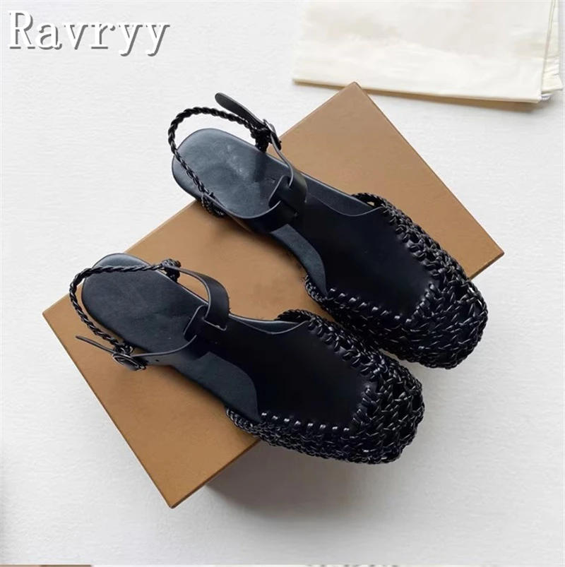 Women New Woven Genuine Leather Sandals Designer Summer Square Toe Flats Roman Style Cladiator Hollow Out Sandals