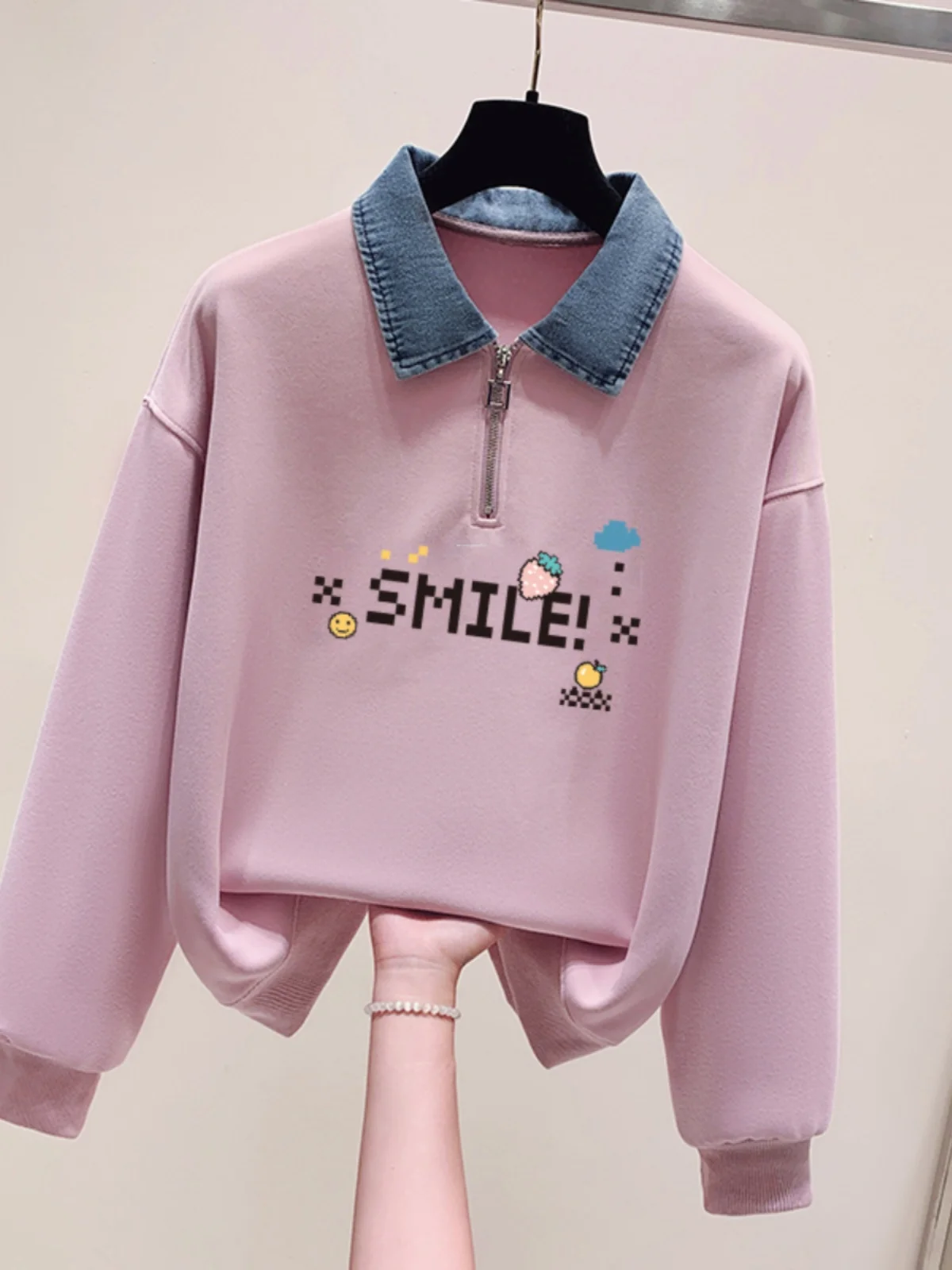 

Retro American Collar Half Zipper Sweatshirt Girls Spring Autumn New Denim Collar Long Sleeve Top for Junior High School...