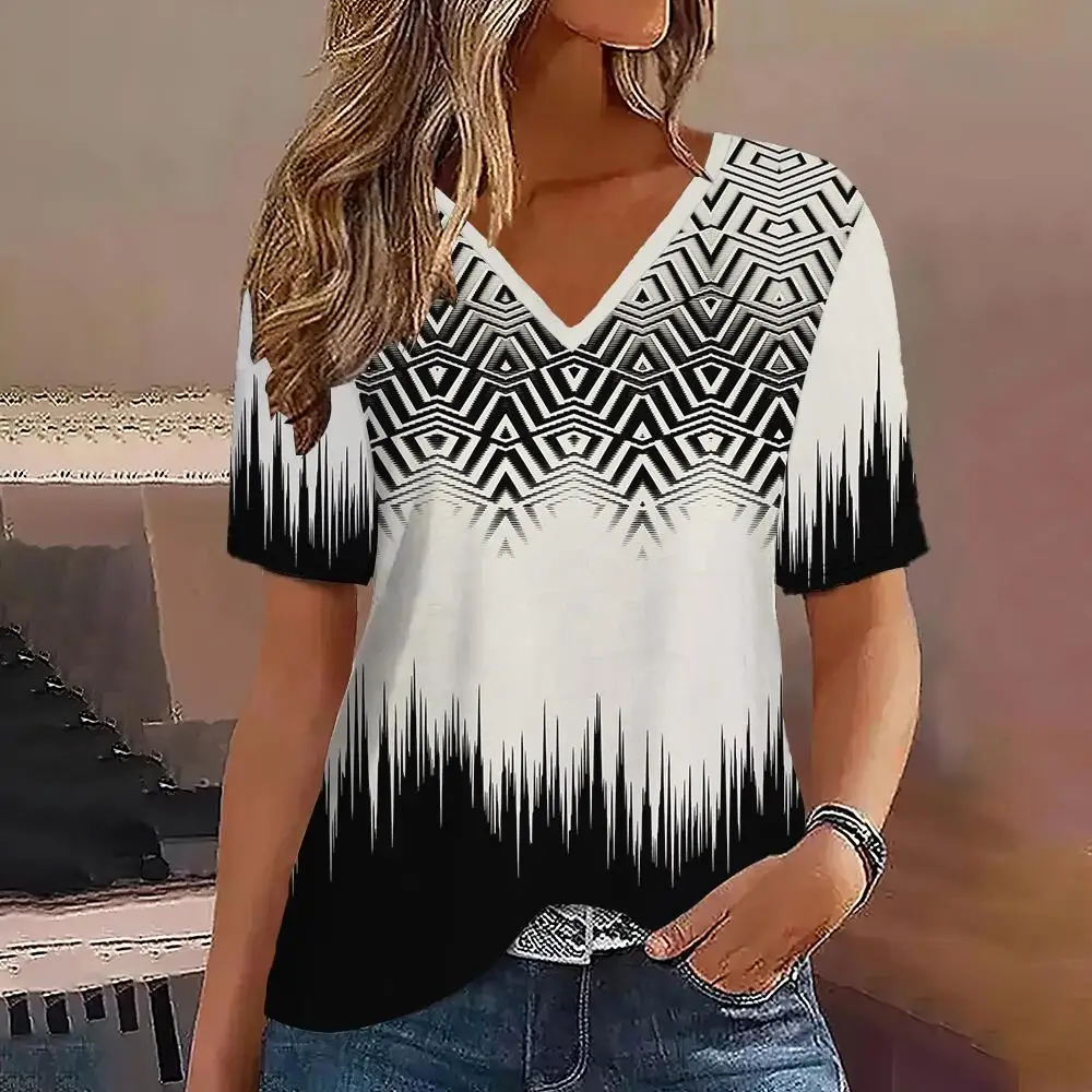 Summer Women's V-Neck T-Shirt Striped Pattern Gradient Pointed Neck Outdoor Fashion Short Sleeve Top OverSize Women's Clothing