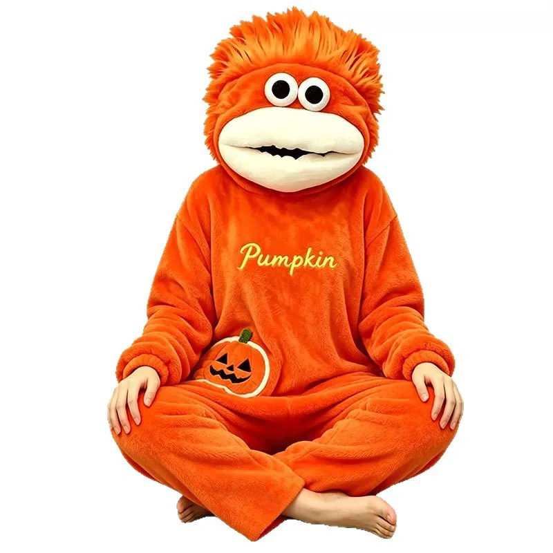 New Adult Pajamas Halloween Pumpkin Monster Jumpsuit Coral Fleece Fall Winter Pajamas Funny Pumpkin Homewear For Men And Women