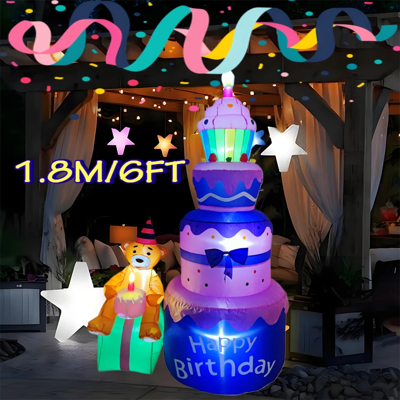 1.8M/6FT Birthday Cake with Gift Bear Inflatable Decorations Toys with LED Light Model Outdoor Garden Party Decor Yard Ornaments