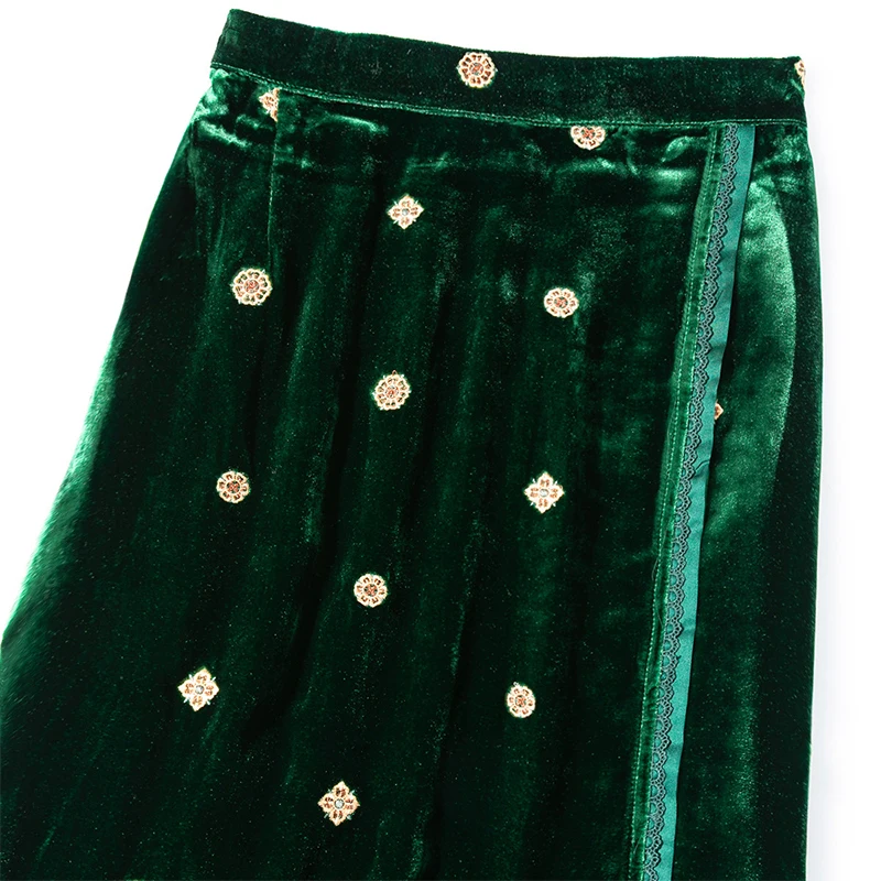 100% Mulberry Silk Lining Emerald-green Velvet Silk Women Midi Skirt Chinese-style Elastic Waist Chic Straight Skirts M1792