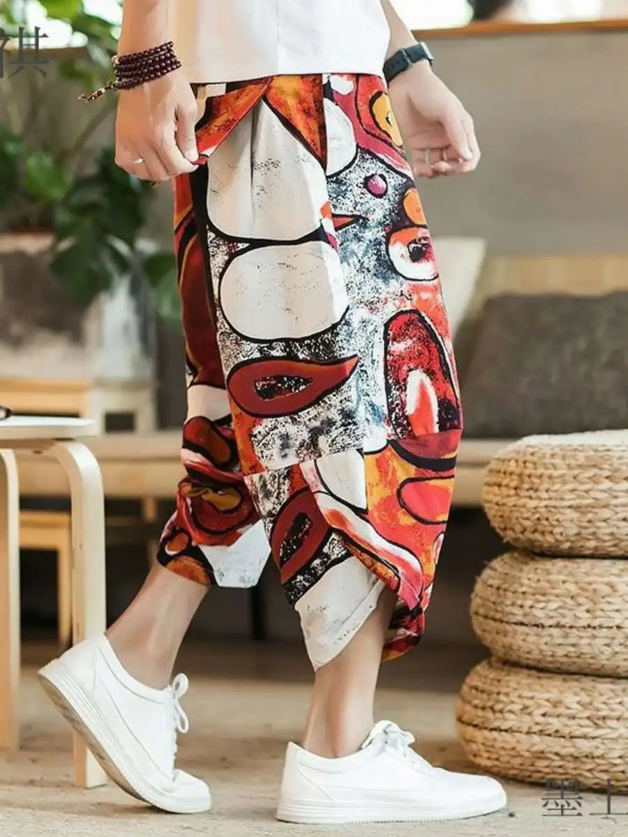 

Men's Beach Pants Loose Wide Leg Seven-Foot Cotton Linen Harlan Trendy Casual High Waist Spring Thin Material Trousers