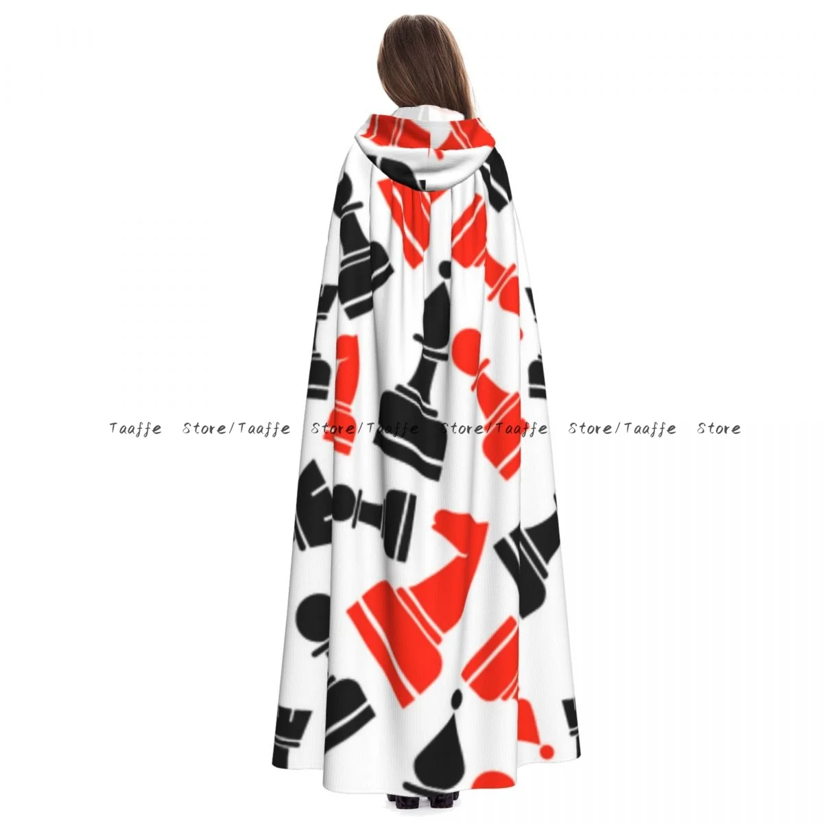 

Chaotic Pattern With Chess Pieces Witch Cloak Hooded Cosplay Costume Halloween Adult Long Party Cape