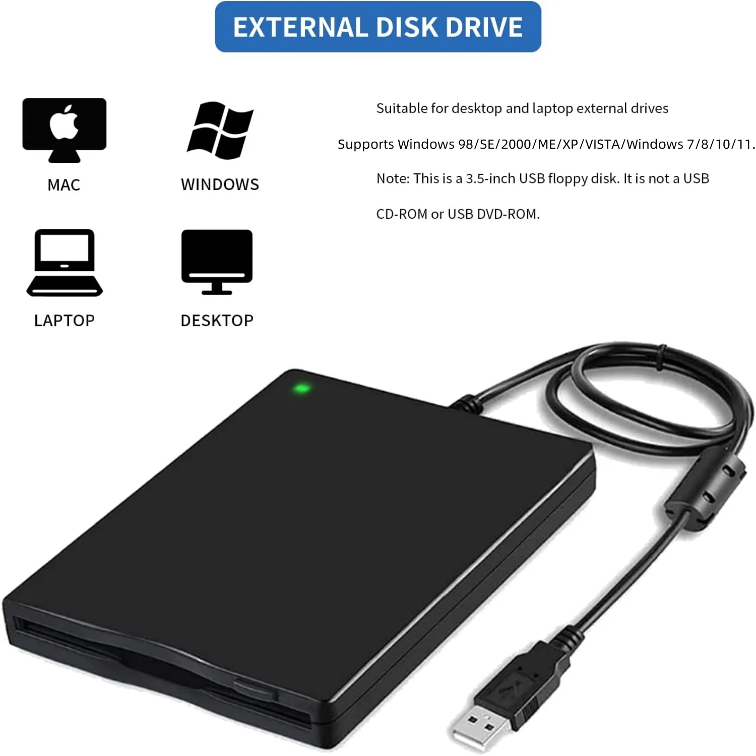 LJIAL USB Floppy Disk Reader Drive,3.5" Portable External 1.44MB FDD Diskette Drive for Windows 11/10/8/7/XP/Vista PC Laptop Mac