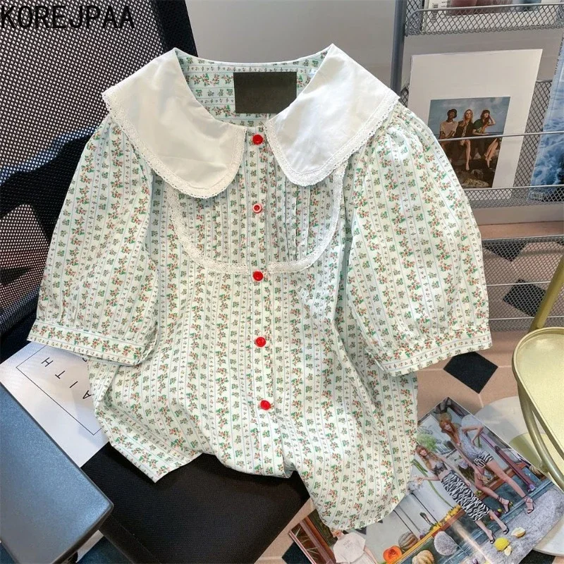 Korejpaa 2024 Spring Summer Shirts Elegant French Fashion Floral Print Sweet Ladies Tops Peter Pan Collar Puff Sleeve Top Blouse