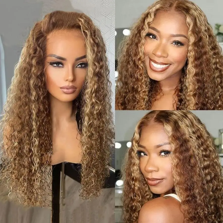 

Preplucked 13x6 HD Lace Front Wig Highlight Deep Wave Human Hair Curly Wig 40 30 Inch Ombre Brown Colored Wig P4/27 Honey Blonde