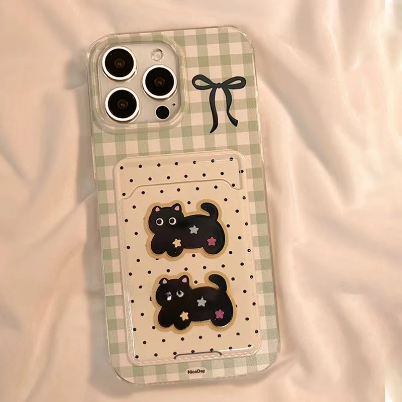 Card bag with transparent grid ripple points, two cat phone cases with hanging ropes for iPhone 11 12 13 4 15 16 promax