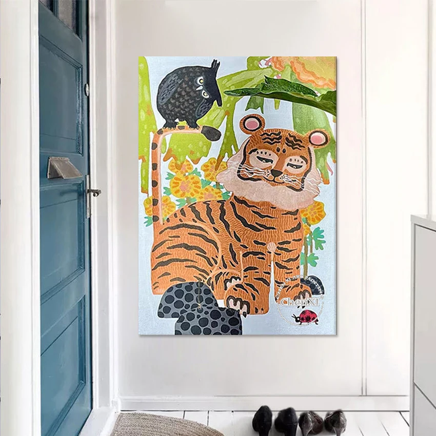 Cartoon Animal Picture Cute Tiger Wall Picture Oil Painting Luxury Children Bedroom Decorative Item Canvas Poster Art Set