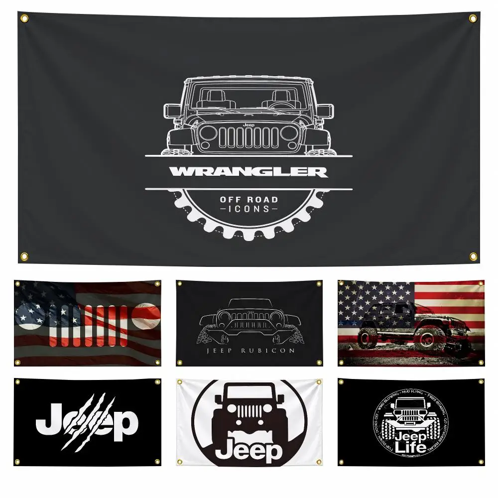 Car J-Jeep Wrangler Rubicon Off Road Adventure 4x4 SUV Flags Wide Fabric Wall Decor for Bedroom Dorm Gaming Room Garage Gift