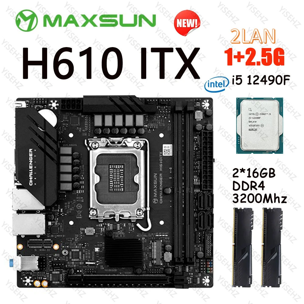 

MAXSUN H610 Motherboard Kit LGA1700 With I5 12400F 2*16GB = 32GB Memory DDR4 3200Mhz Support 2LAN 1G/2.5G MS-Challenger ITX