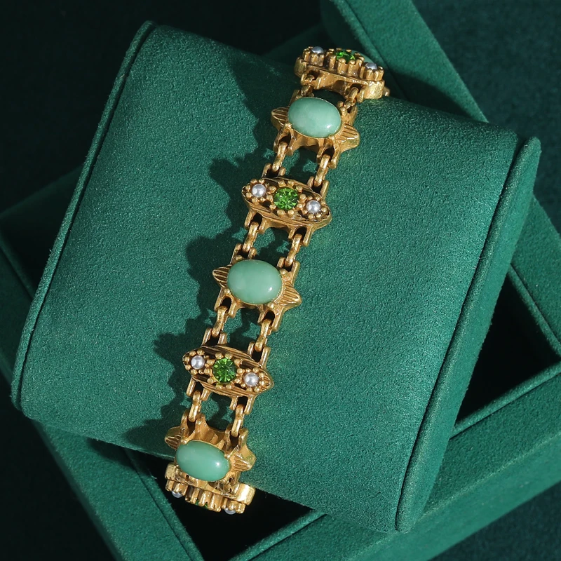 

Vintage Jade Bracelet Made Of Natural Stones Green Rhinestone Hollow Crystal Pearl Bangle For Woman Retro Girlfriend Gifts 2026