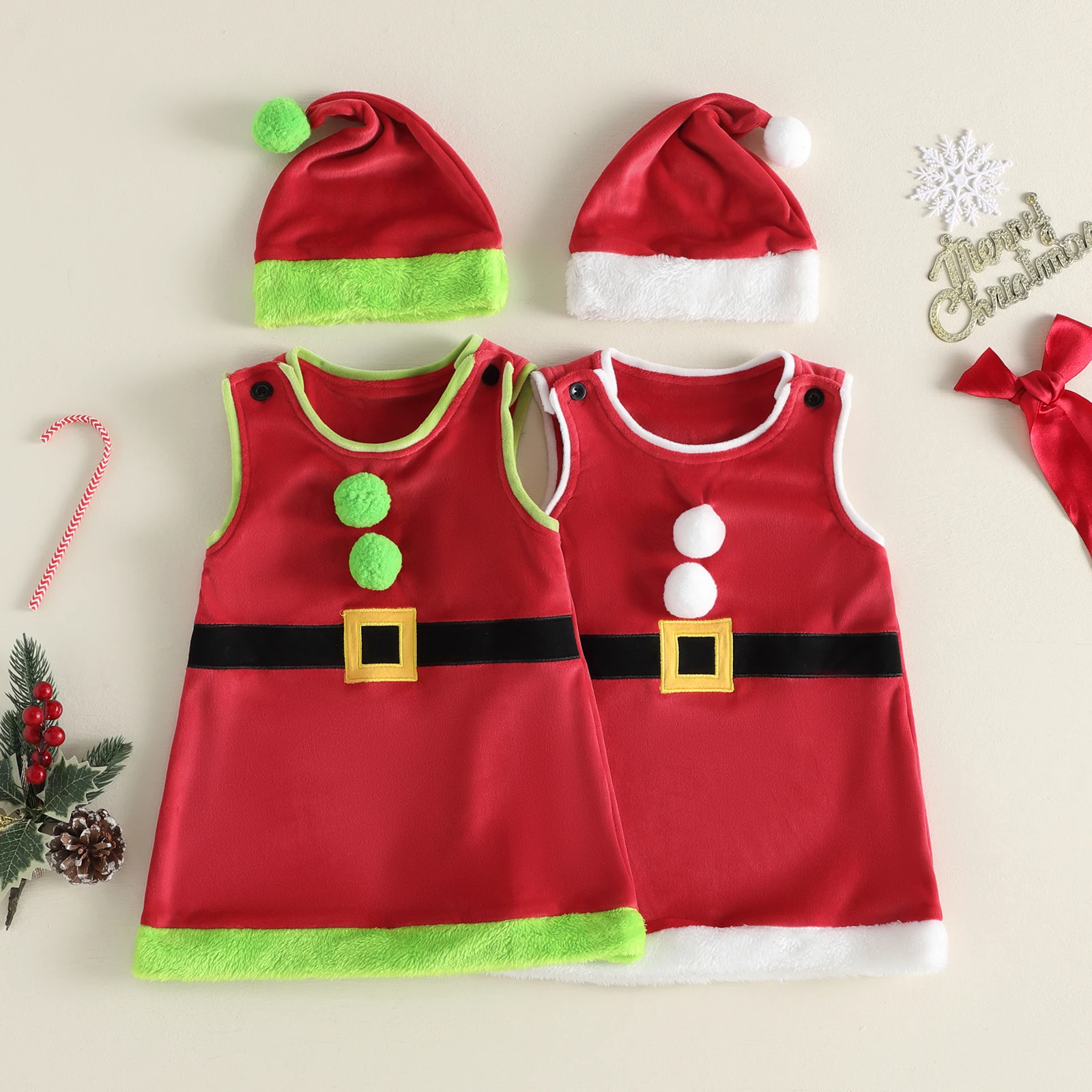Toddler Girls Christmas Costume Fuzzy Trim Poms Dress and Santa Hat