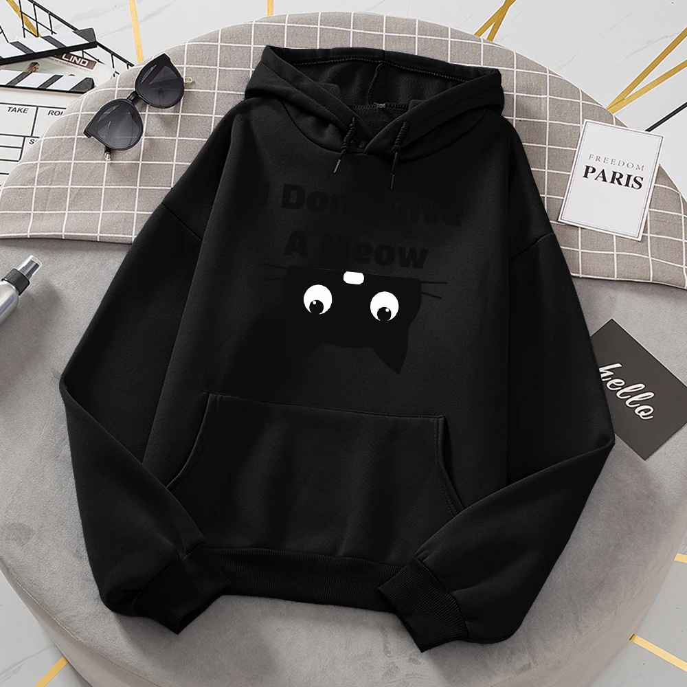 I Don\'T Give A Meow Black Cat Hoodies Women Oversized Loose Warm Hoody Street Sport Tide Sweatshirt Fashion Comfortable Hooded