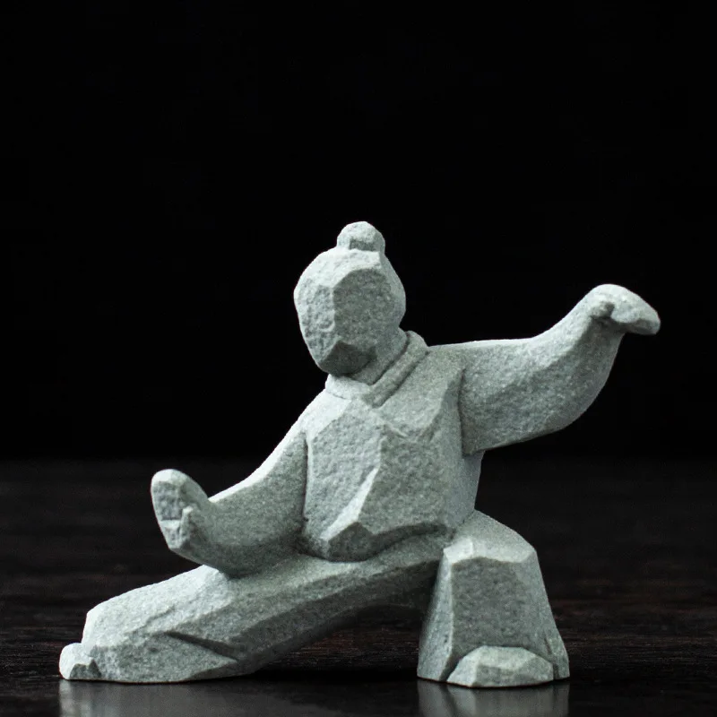 Chinese Kung Fu Warrior Tai Chi Figurine Green Sandstone Tea Table Desktop Ornament Creative Home Decor Office Desk Craft