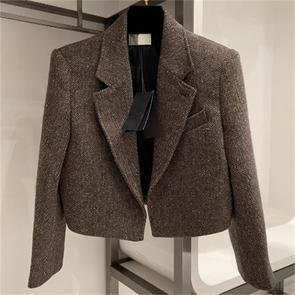 Blazer curto retro Tweed lã, jaqueta de ombro Herringbone, terno de cintura alta, solto curto, outono