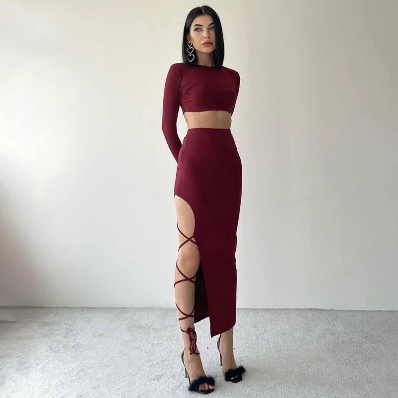 New Fashionable Two-piece Dress Suit Long-sleeved Slit Skirt Suit For Women Hollow Tight Elegant Long Skirt For Women