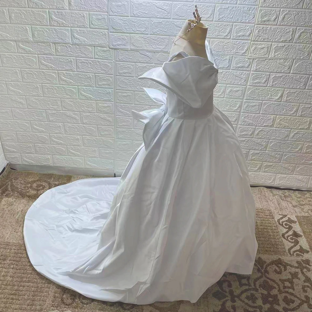 Vestidos elegantes de satén con lazo grande para niña, vestidos de flores con tren, vestido de primera comunión, vestidos de fiesta personalizados, vestido de boda para niña pequeña