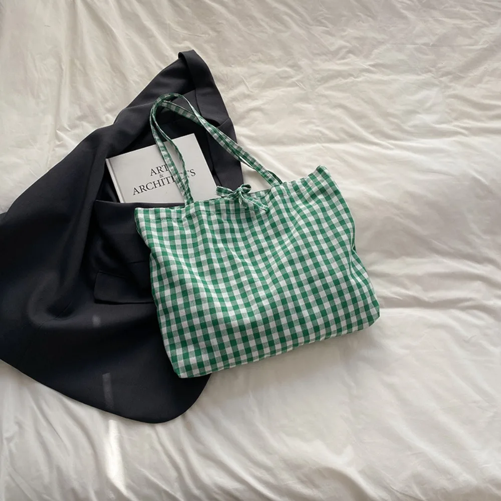 

Ins Bow Tie Design Plaid Shoulder Bag Korean Lightweight Plaid Tote Bags Large Capacity Casual Shopping Bag for Women