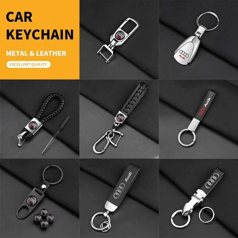 Metal e Couro Car Styling Keychain, Chaveiro Anéis Acessórios, 3D, Audi A4, B5, B6, A3, 8P, 8V, 8L, A5, A6, C6, C5, a1, A7, A8, Q2, Q3, TT