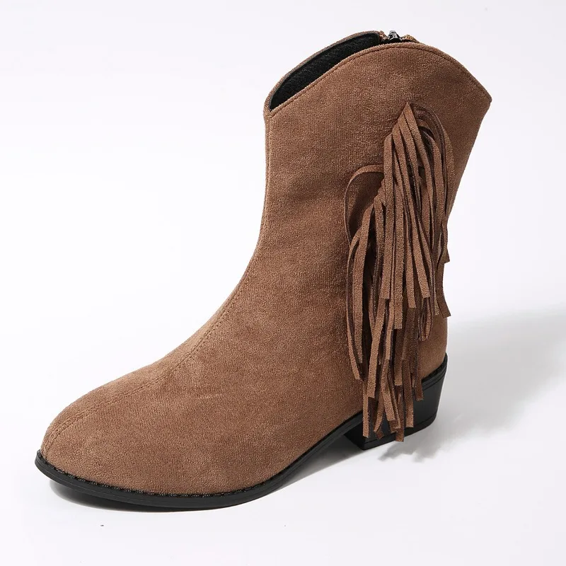 Women's Retro Fringe Suede Women's Round Toe Chunky Heel Short Boots Slimming V Cut Rain Boots for Women Wide Calf Wide Width view 3