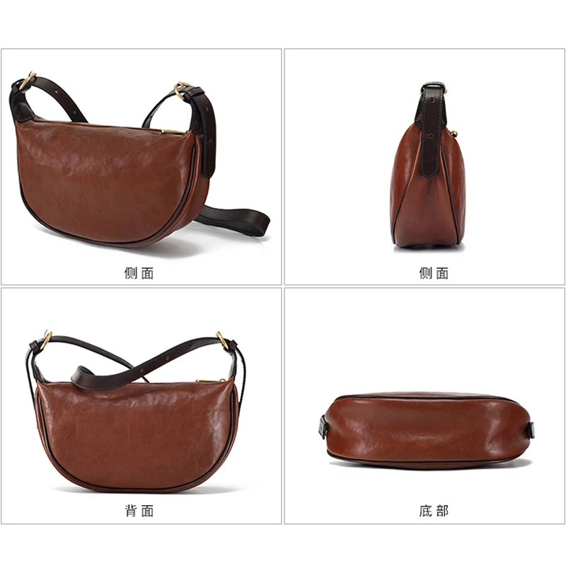 Premium Genuine Cowhide Leather Crescent Moon Crossbody Bag Soft Vintage Hobo Shoulder Bag Women Daily Commute Casual Outings