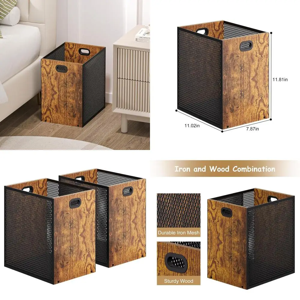 

Vintage-Style Rectangular Iron and Wood Waste Bin, 4.5 Gallon, 11.02x7.87x11.81, for Home & Office